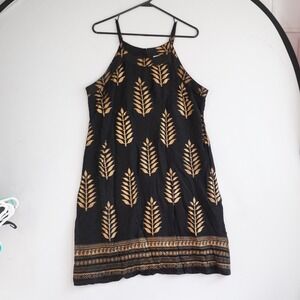 Women XL Black Gold Leaf Block Print Halter Mini Dress Boho India Beach Vacay
